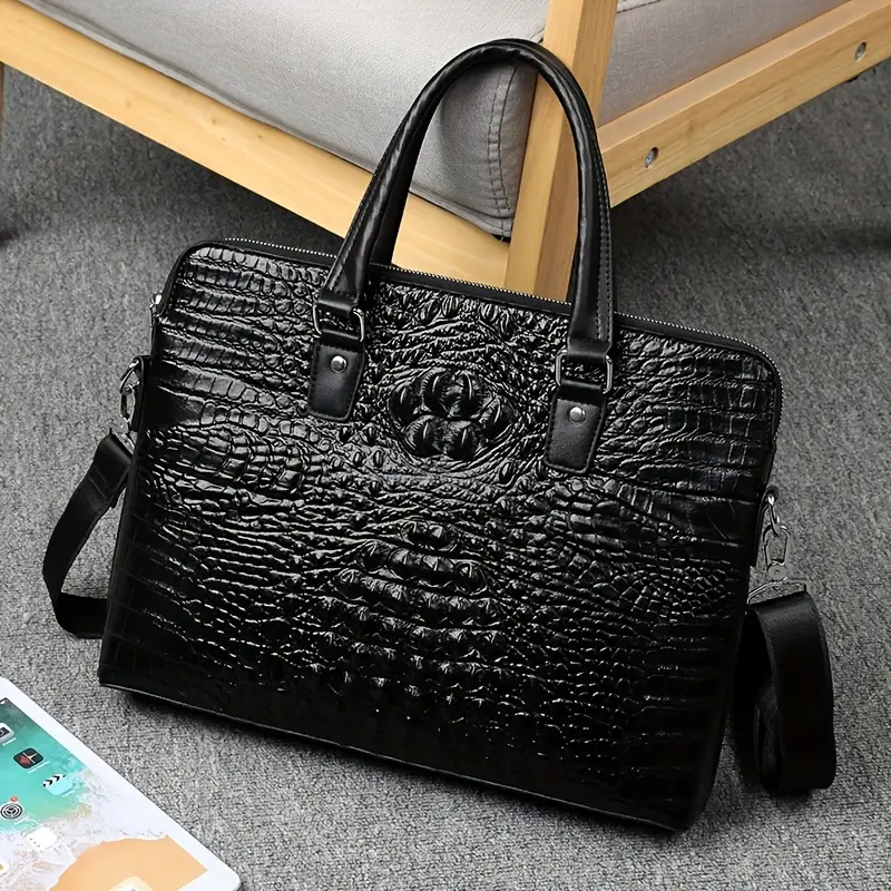 mens cowhide leather briefcase large capacity business crossbody bag with adjustable shoulder strap crocodile embossed texture zipper closure for work travel commuting Product details 1