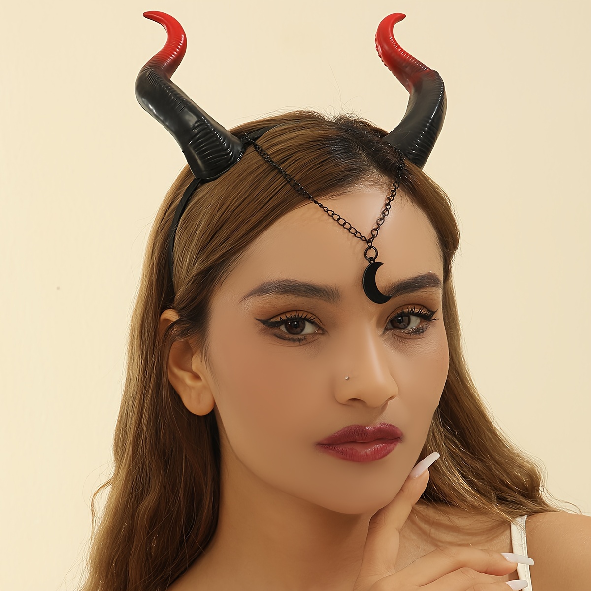 

Gothic Style Devil Horns Headband With Red Accents And Crescent Moon Pendant - Punk Fashion Plastic Hairband - Single Piece Elegant Creative Women's Jewelry Gift For , Parties, Music Festivals