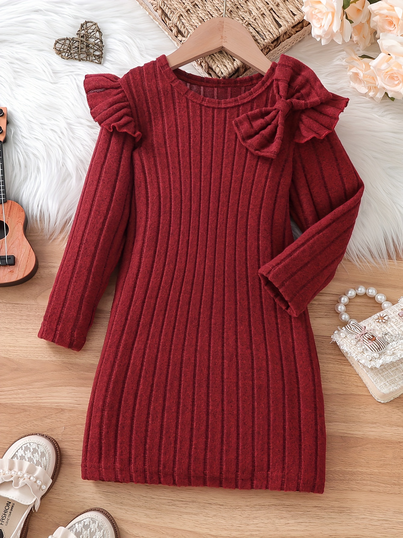 girls elegant dresses long ruffle sleeve bow decor ribbed dress for     dinner   gifts