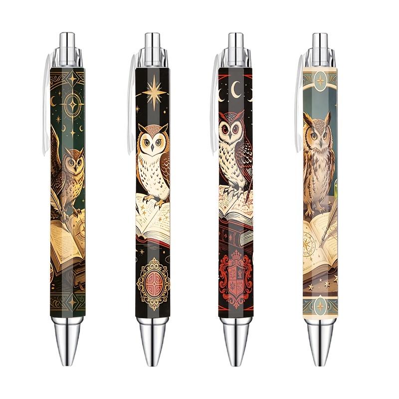 Image of 4pcs 4pcs Mysterious Dark Academy Owl And Celestial Design Ballpoint Pen Set, 0.5mm Black Ink, Smooth Writing, Retractable Pen, Vintage Gothic Decor, Suitable For Office, School Supplies