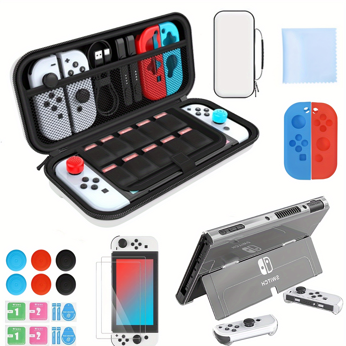 

Switch Oled Case For Switch Oled With Carrying Case 16-in-1 Accessory Kit, Silicone Case For Handle, Clear Case, Cleaning Cloth, 2 Hd Screen Protectors And 6 Thumb Grip Covers