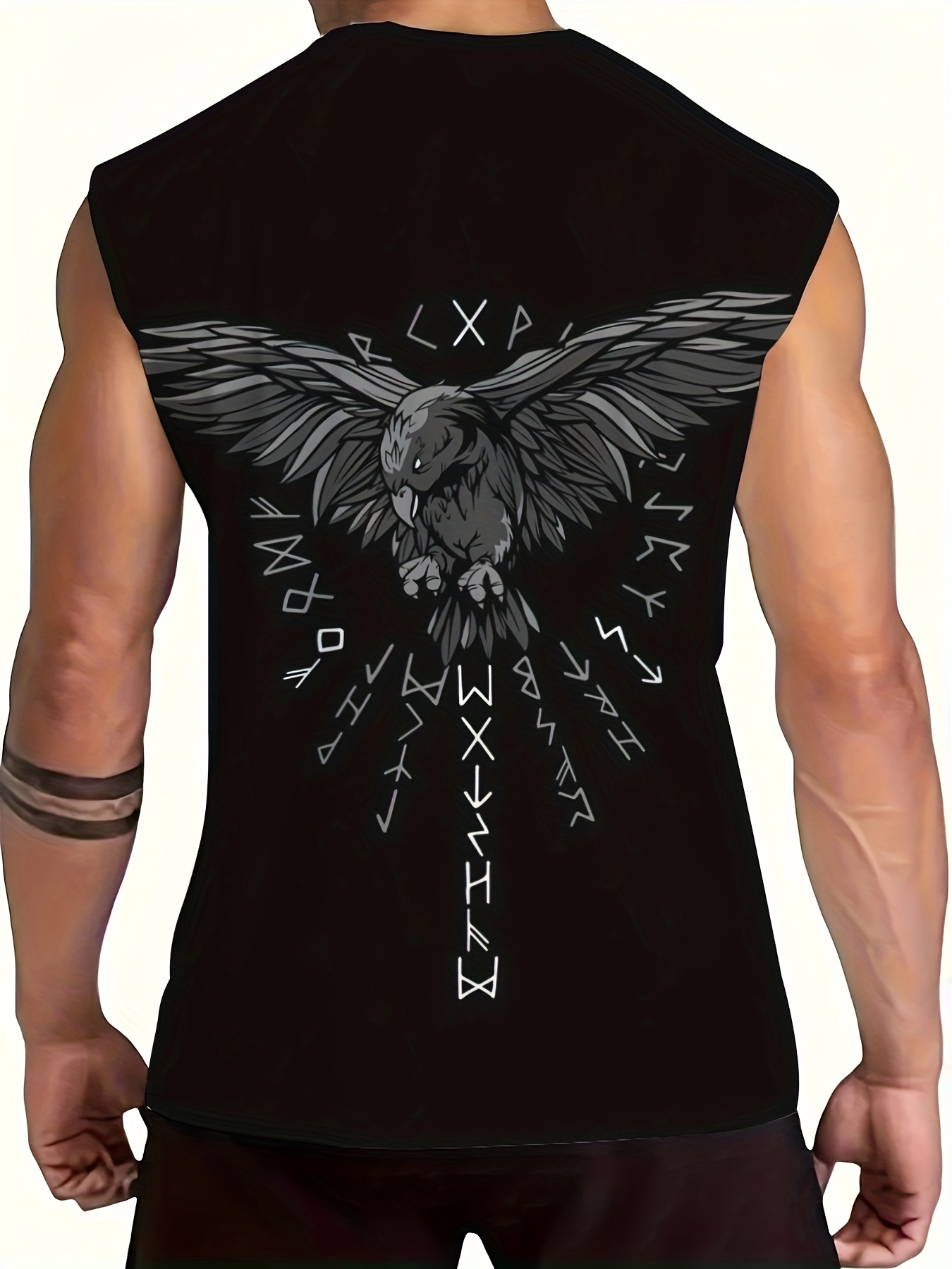 Men'S Casual Sleeveless T-Shirt, Oversized Print Comfortable Breathable Vest, Summer Fitness Training Basketball Sports Vest, Crew Neck, Regular Fit, Knit Fabric, 95% Polyester 5% Spandex, 150g/m? - Black, Plus Size