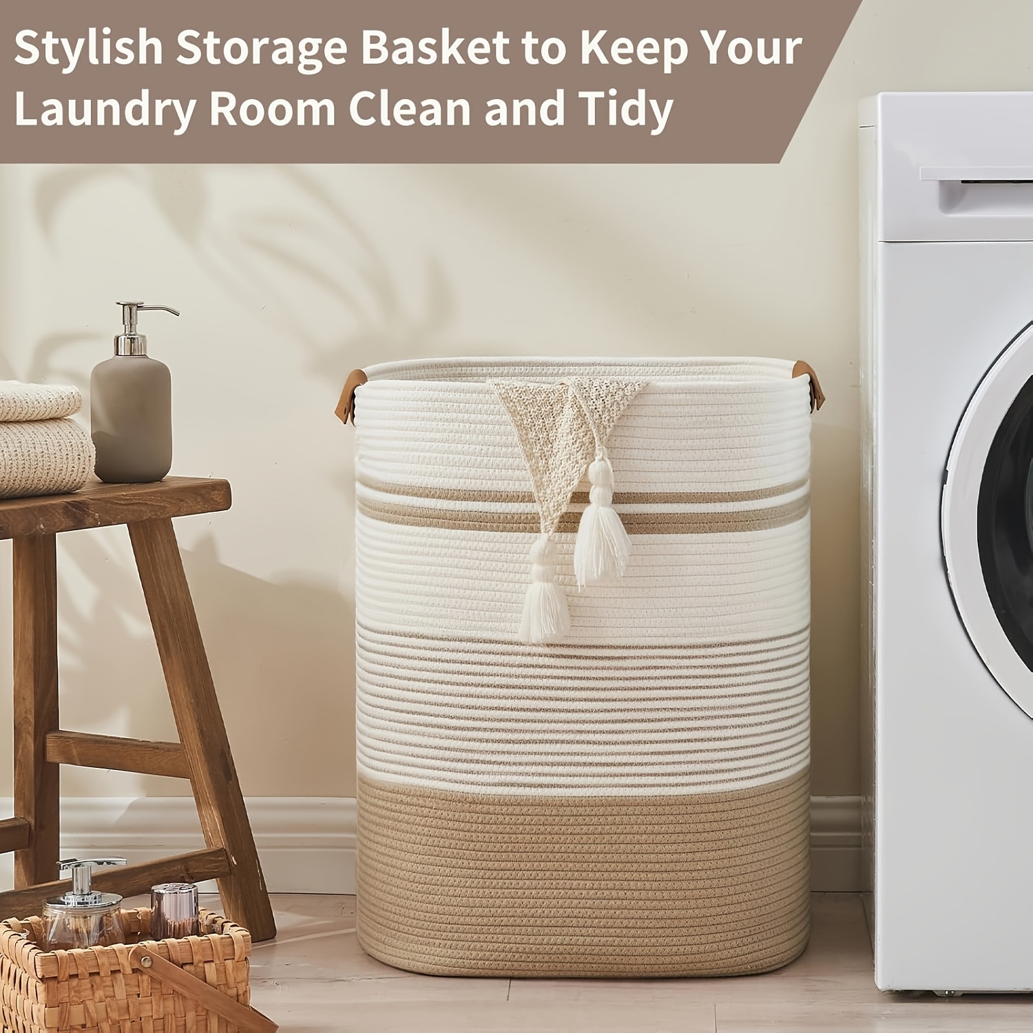 Laundry Basket with Handles - Blanket Basket And Hampers for Bedroom Aesthetic, Laundry Hamper And Blanket Storage for Living Room, Clothes Hamper, Tall, Large Light Brown And White, Shelf Baskets