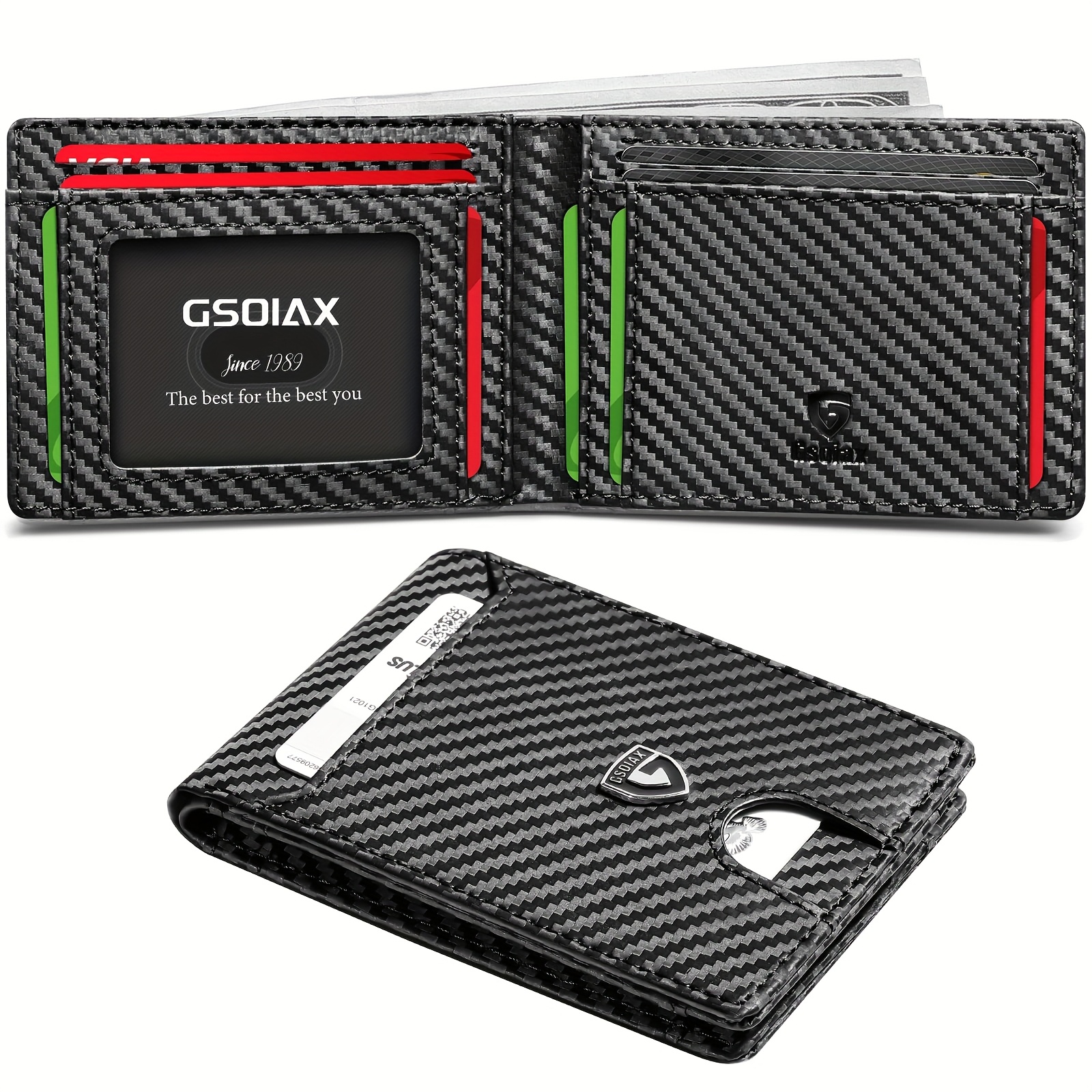 TEMU Mens Slim Wallet Rfid Blocking Bifold Wallets For Men Minimalist Genuine Leather Carbon Fiber Card Holder Money Clip Thin Mens With Gift Box,christmas Gift