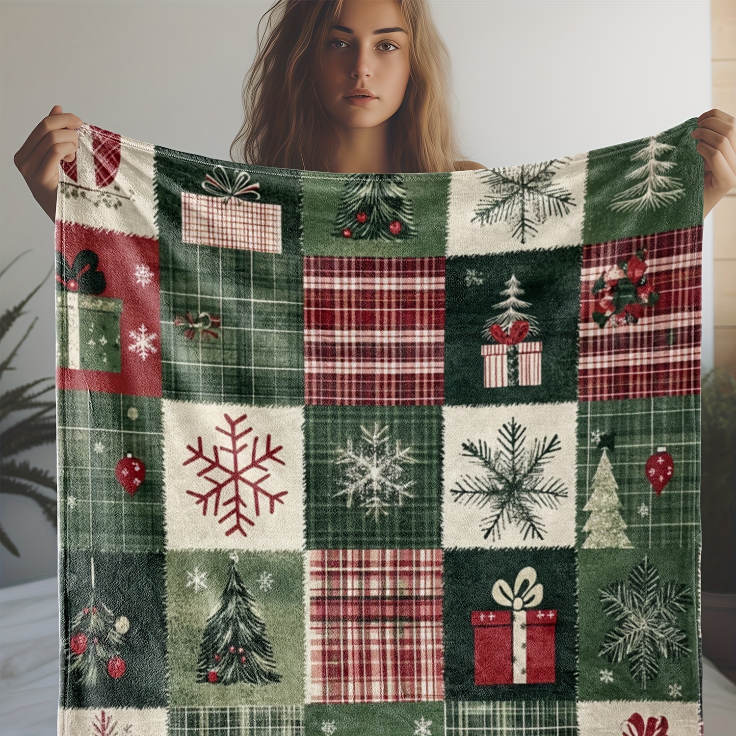 

1pc Flannel Blanket, Christmas Winter Holly Gift Grid Printed Blanket, Warm Blanket For Couch Bed Sofa Car Office Camping Travel, Gift Blanket For All