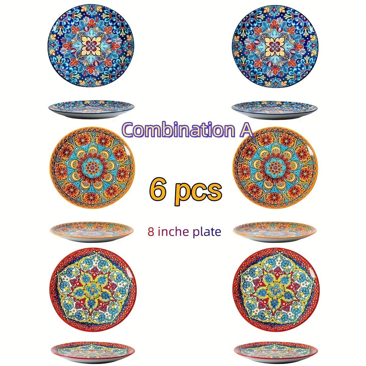 6pcs Ceramic Shallow Plates, 8-inch Italian Pasta Plate, Bohemian Style Creative Sushi Dish, Cute Steak Sauce Plate, Condiment Plate, Creative Ketchup Dish, Dip Bowl, Microwave Safe