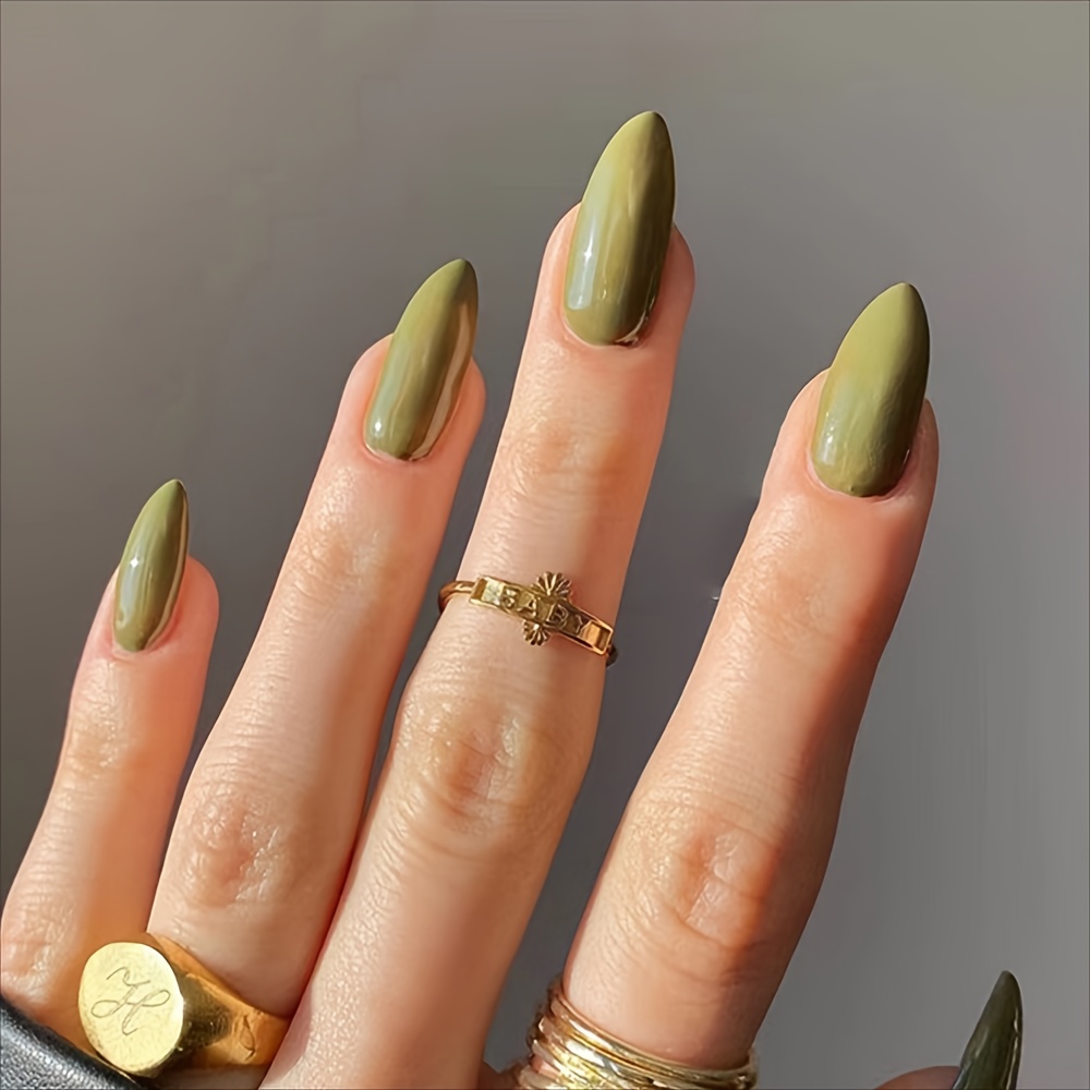 TEMU 24pcs Fashionable Medium-length Almond-shaped Mustard Green Glossy Full-cover Press-on Nail Stickers With Jelly Glue And Nail Buffing Kit For