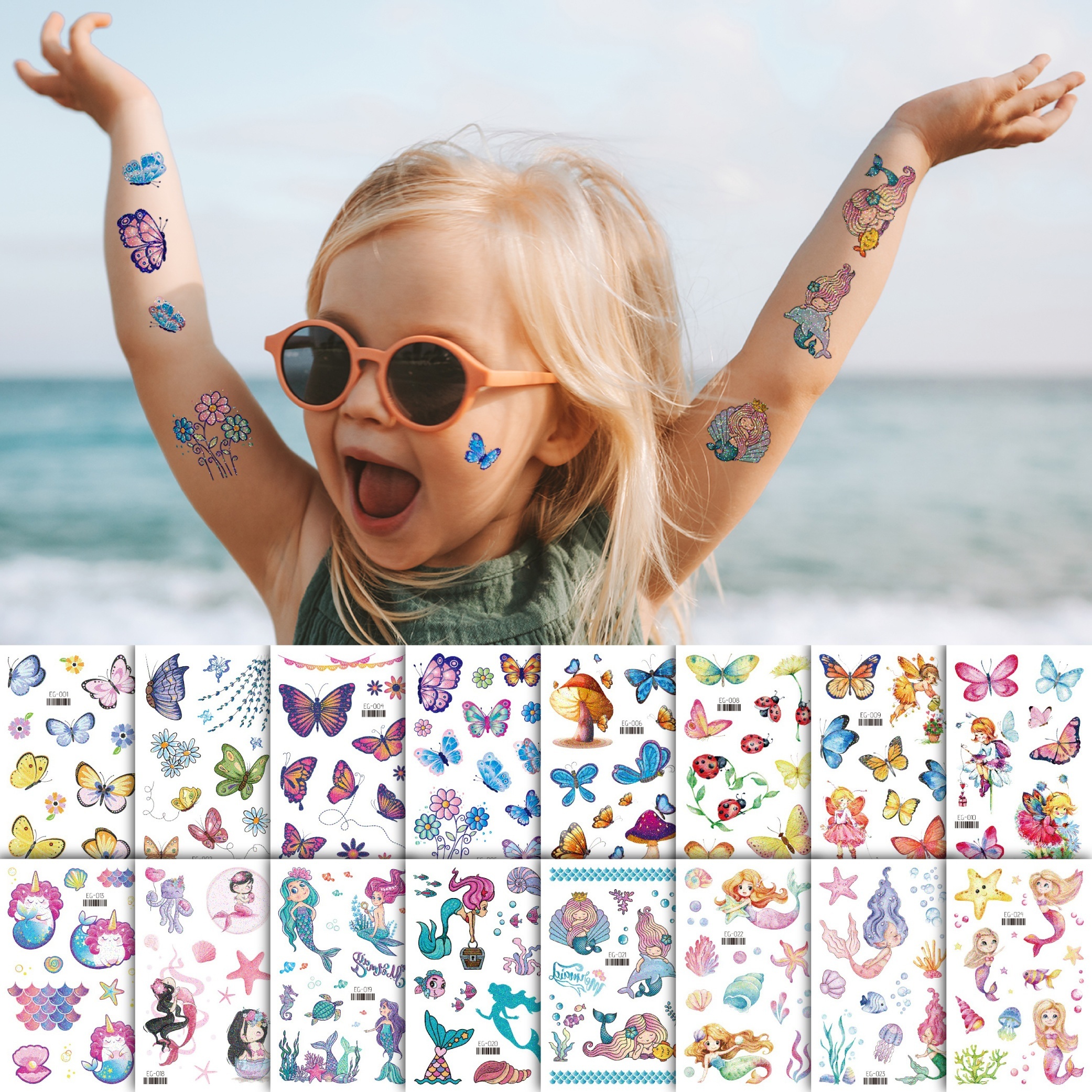 

24 Sheets Glitter Temporary Tattoo For Girls, Butterfly Mermaid Tattoo Stickers For Kids, Waterproof Fake Tattoos For Birthday Party Favors Bags Stuffers Party Filler For