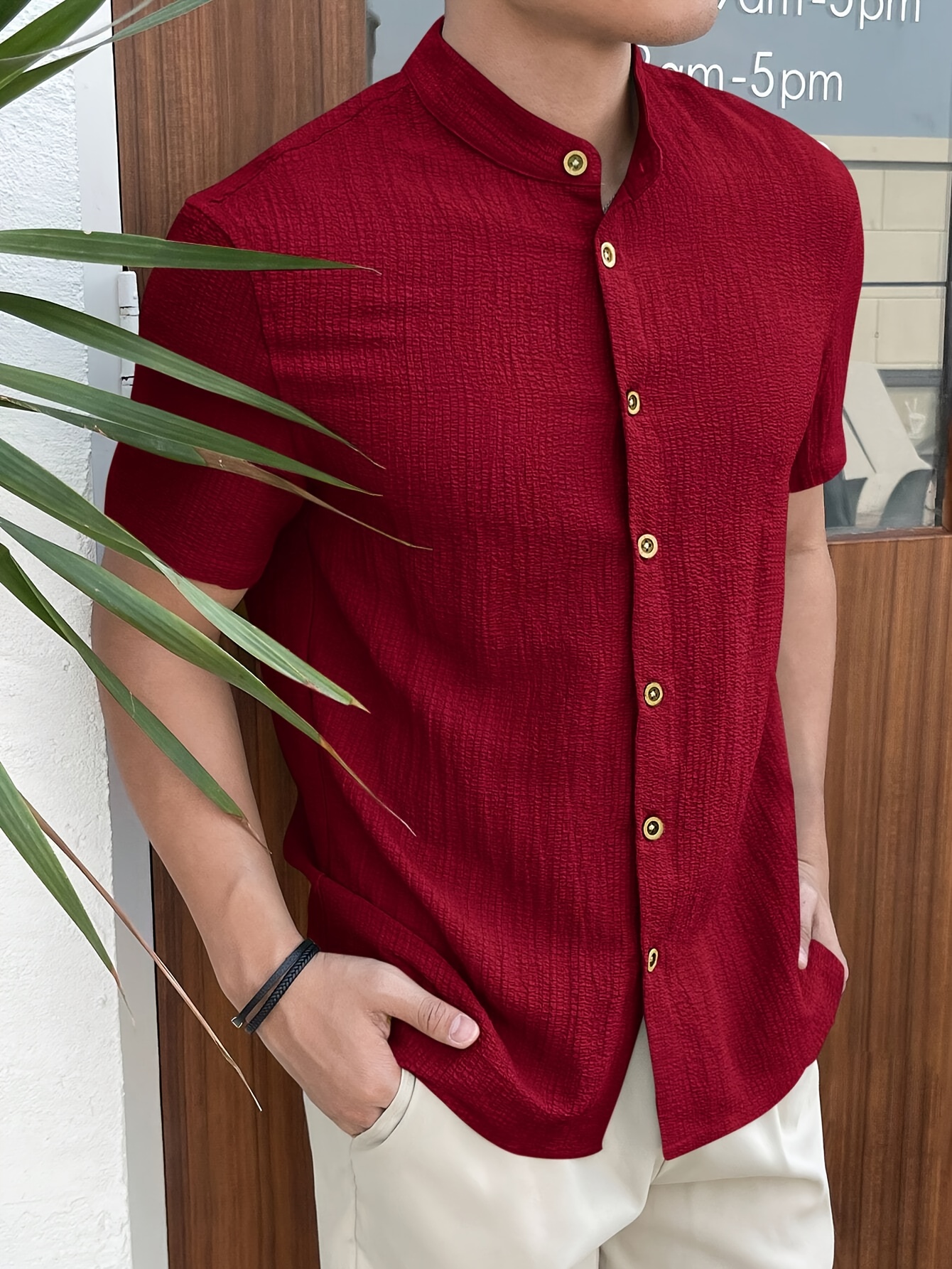 Camisa Casual de Verano para Hombre, Color Sólido, Manga Corta, Tejida
