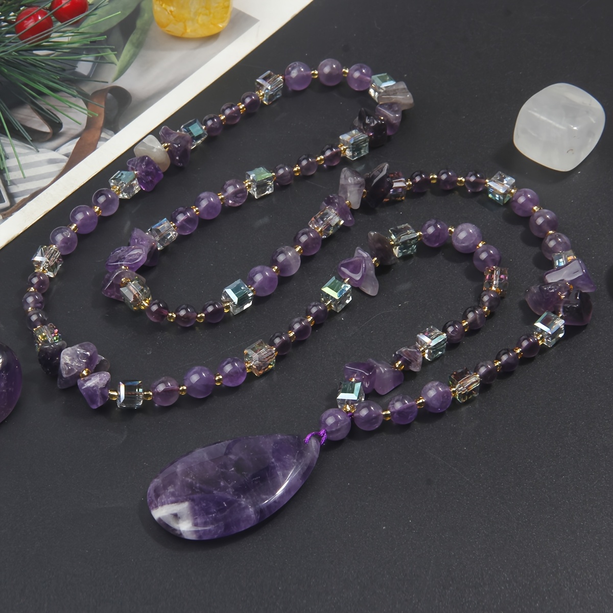 TEMU Natural Amethyst Pendant Necklace, Handcrafted Purple Irregular Stone Bead Scarf Chain, Fall Winter Versatile Necklace (random Color Texture For