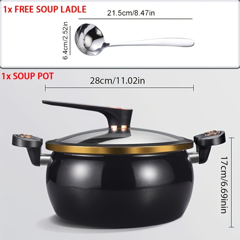 TEMU 28cm Large Capacity Stew Pot With Locking Lid - Versatile Pot For Quick Soups & , Compatible With Gas Stoves, Elegant Black & , Glass Lid,