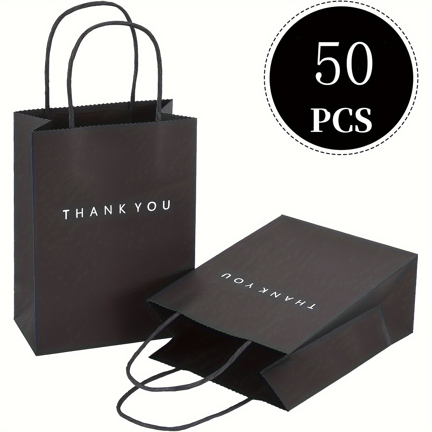 

Value Pack 50pcs Thank You Gift Bags, 5.9 X 3.1 X 8.3 Inches, Back Paper Bags With Handles, Back Gift Bags For Retail Store, Wedding,party, Shopping - Made In 150g Paper