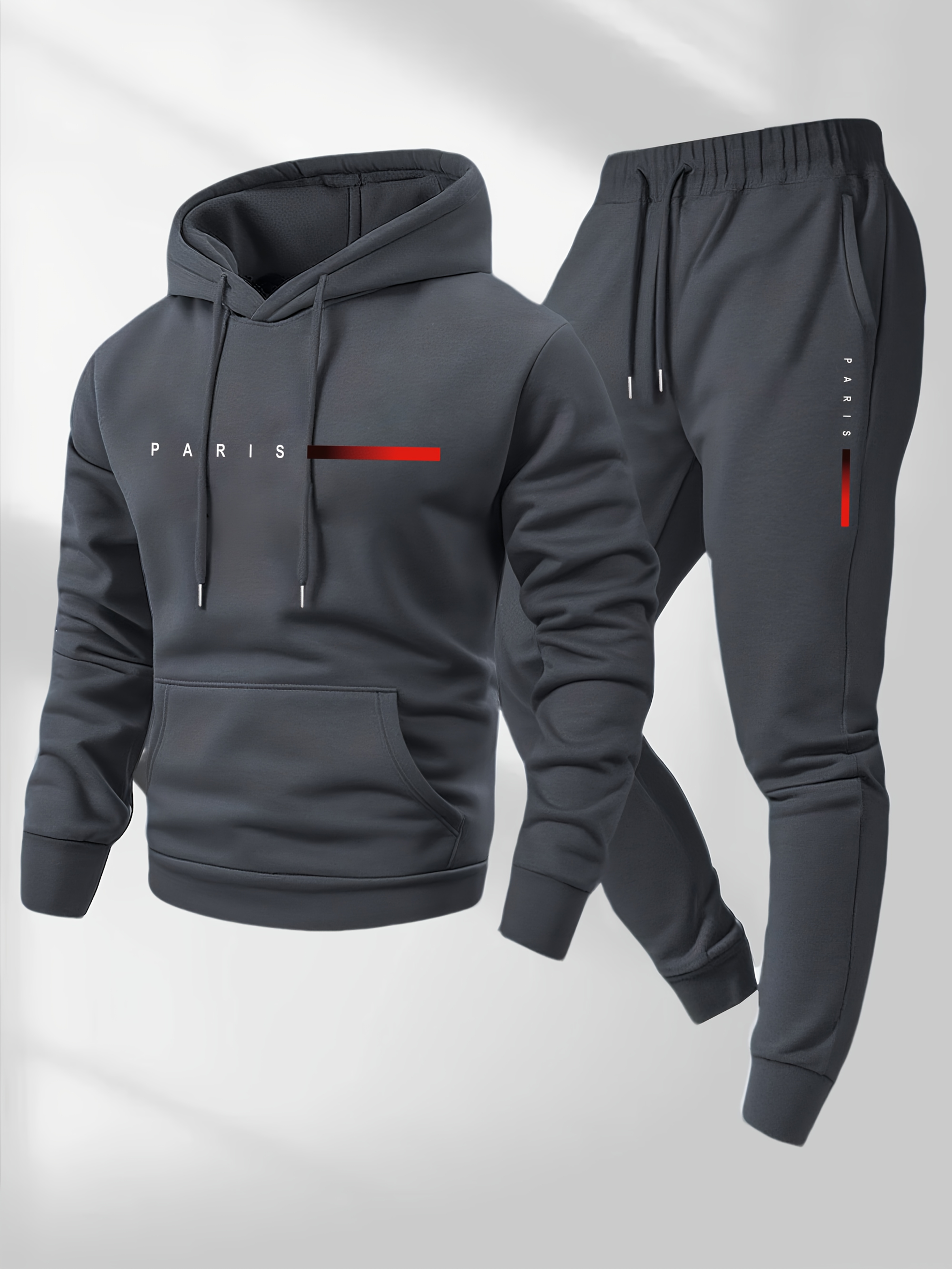Men'S Casual Paris Letter Hoodie & Joggers Set - Gray Drawstring Pullover with Red Accents, Loose Fit, Long Sleeve, Fall/Winter Collection, Comfortable Clothing|Casual Style|Stretch Fabric