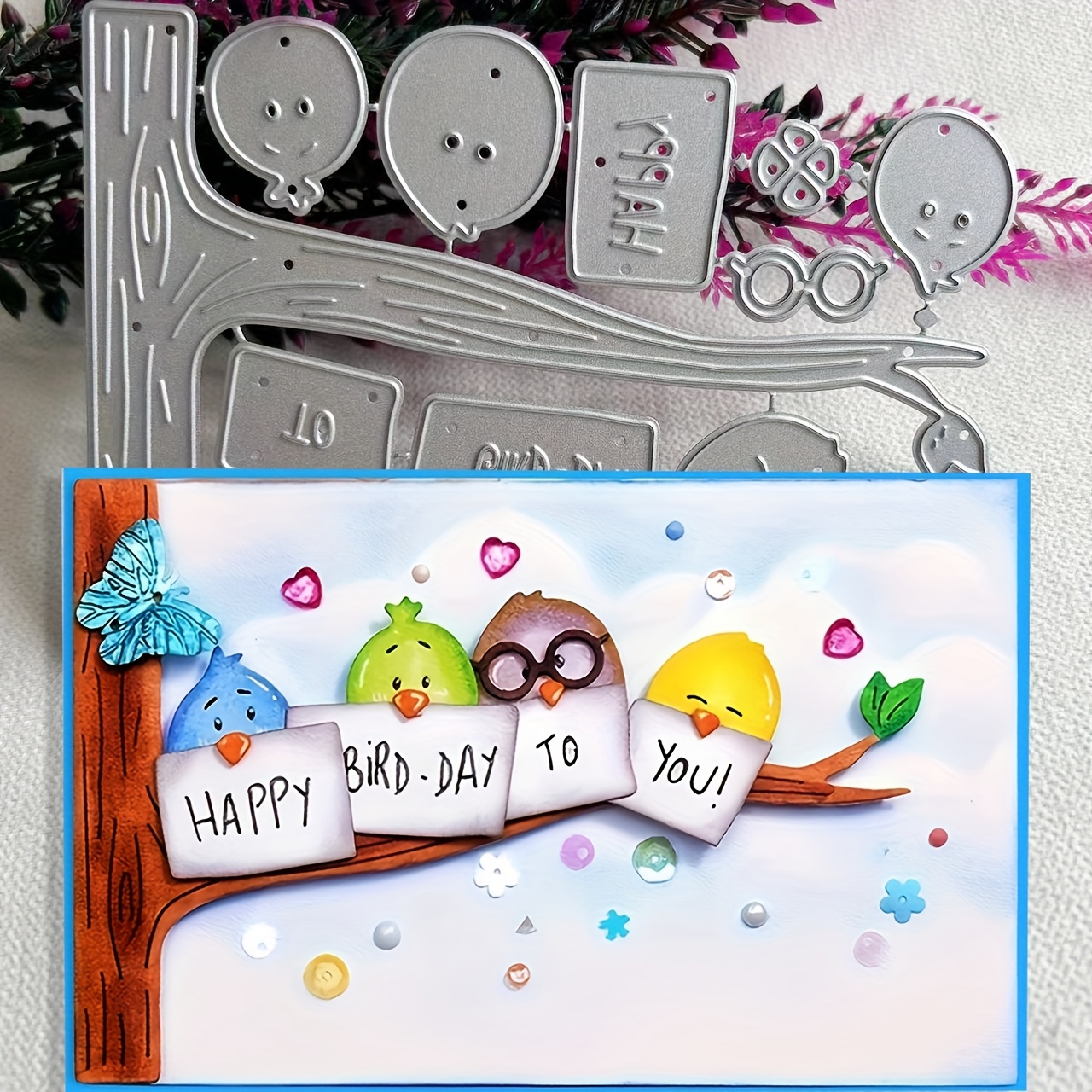 TEMU 1pc Birthday Birds On Branch Crafting Die - Cute Birds With Happy Birthday Signs, Metal Cutting Die For Scrapbooking, Card Making, Party