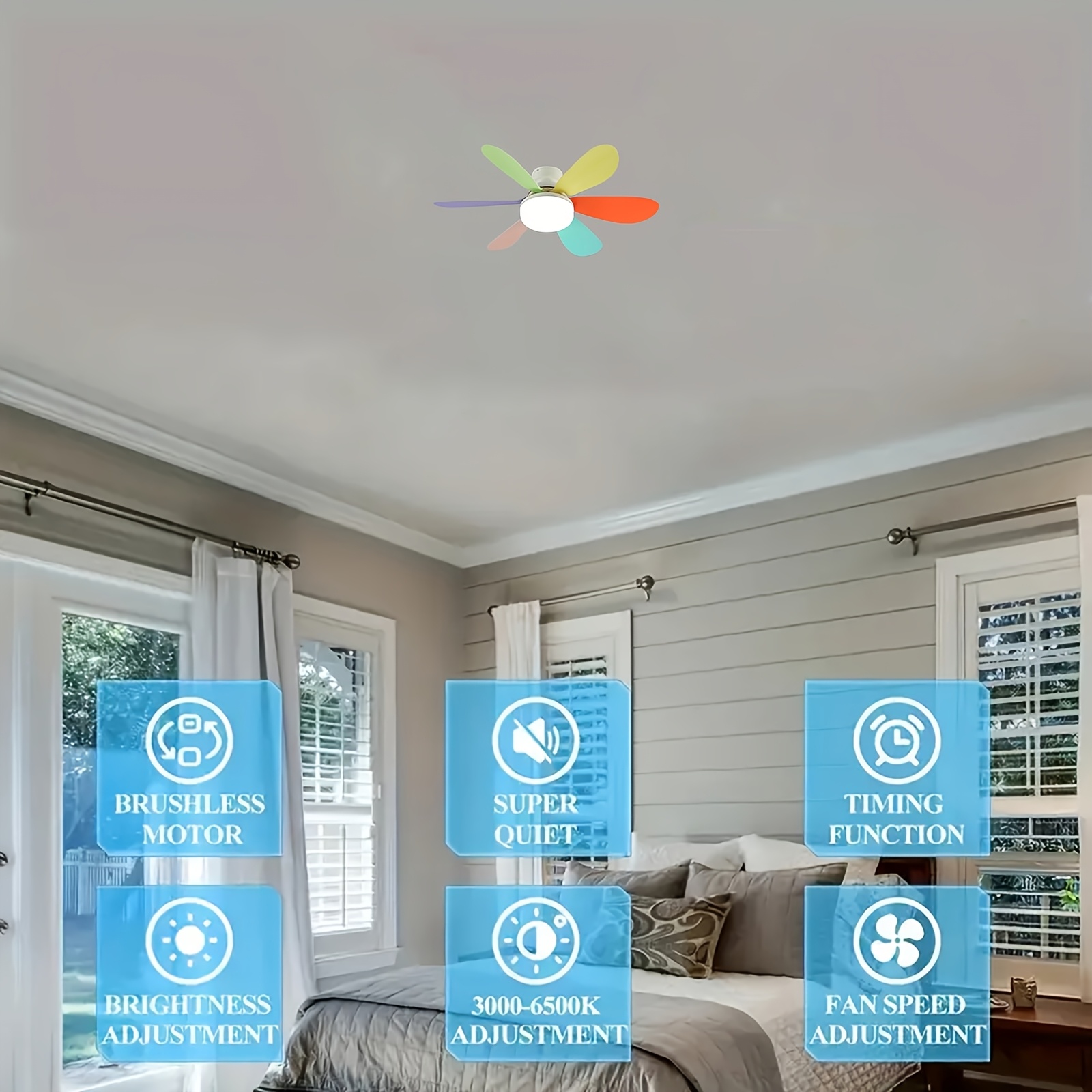 Ventilador de Techo con Luz y Control Remoto, Iluminación LED con Ventilador, 3 Velocidades de Flujo de Aire Silencioso y 3 Temperaturas de Color (3000K-4500K-6500K), Instalación Sin Herramientas + Temporizador, Ventilador de 6 Aspas E26/E27, Ideal para Dormitorio, Sala, Cocina, Garaje, Tiendas y