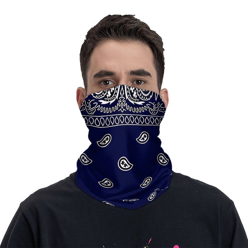 TEMU 1pc Unisex Printed Scarf | Blue With White Paisley Pattern, Vintage Style, Long-lasting Use | Suitable For Outdoor Activities, Hiking, Fishing,