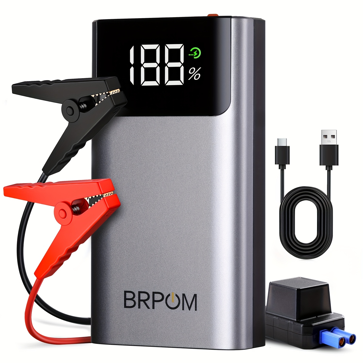 TEMU Brpom 12000a Portable Car Jump Starter - Fast Charge, Led Light, Usb Qc3.0, To 8l Gas & 5.5l Engines, Lithium Polymer Battery