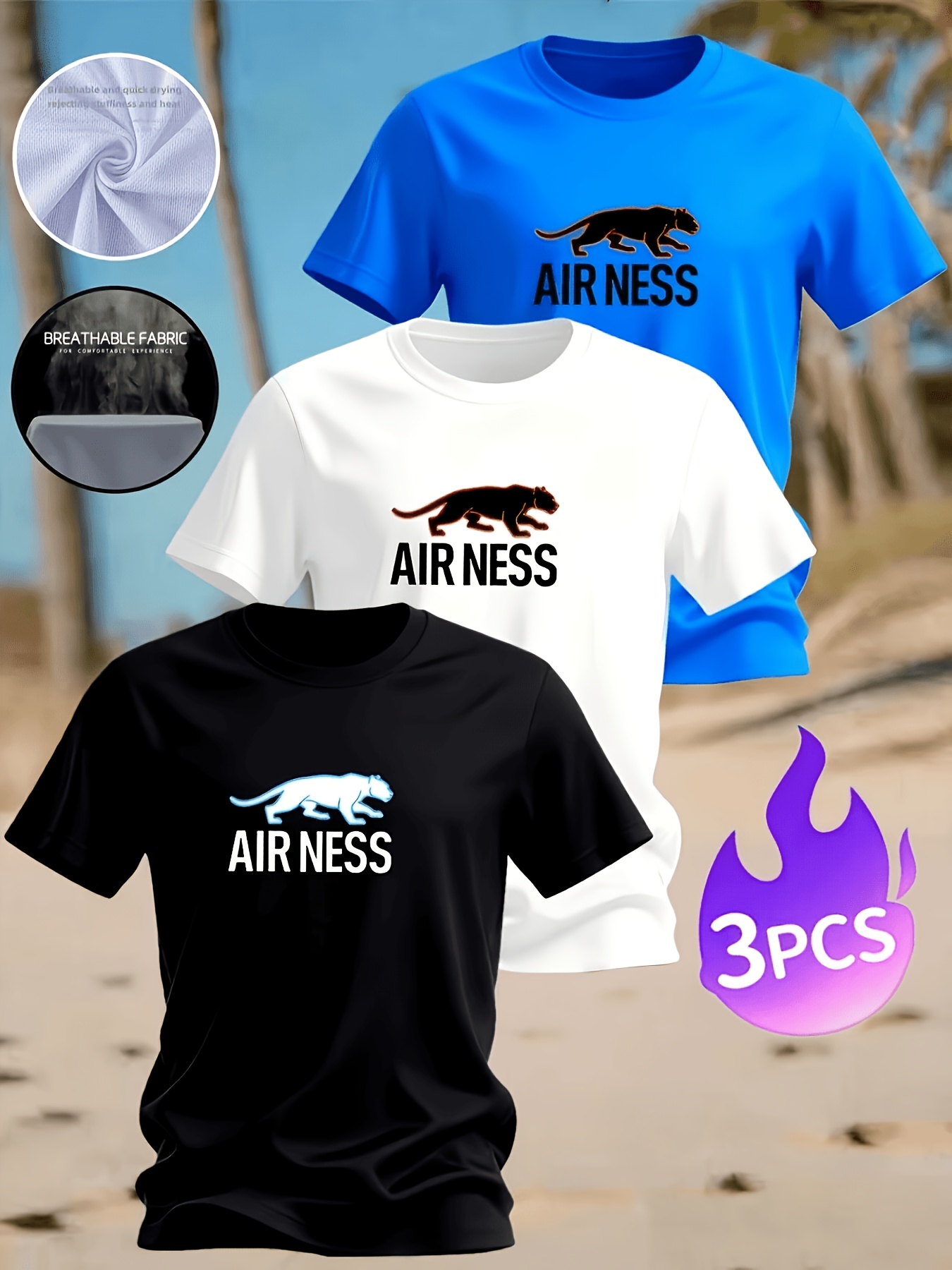 Lot de 3 T-shirts pour Homme Respirants à Imprimé Léopard Créatif, Style Basique Facile d'Entretien, T-shirt Confortable en à Col Rond pour Printemps/Été, Imprimé Graphique Léopard à la Mode et Tendance | Tenue Décontractée Confortable