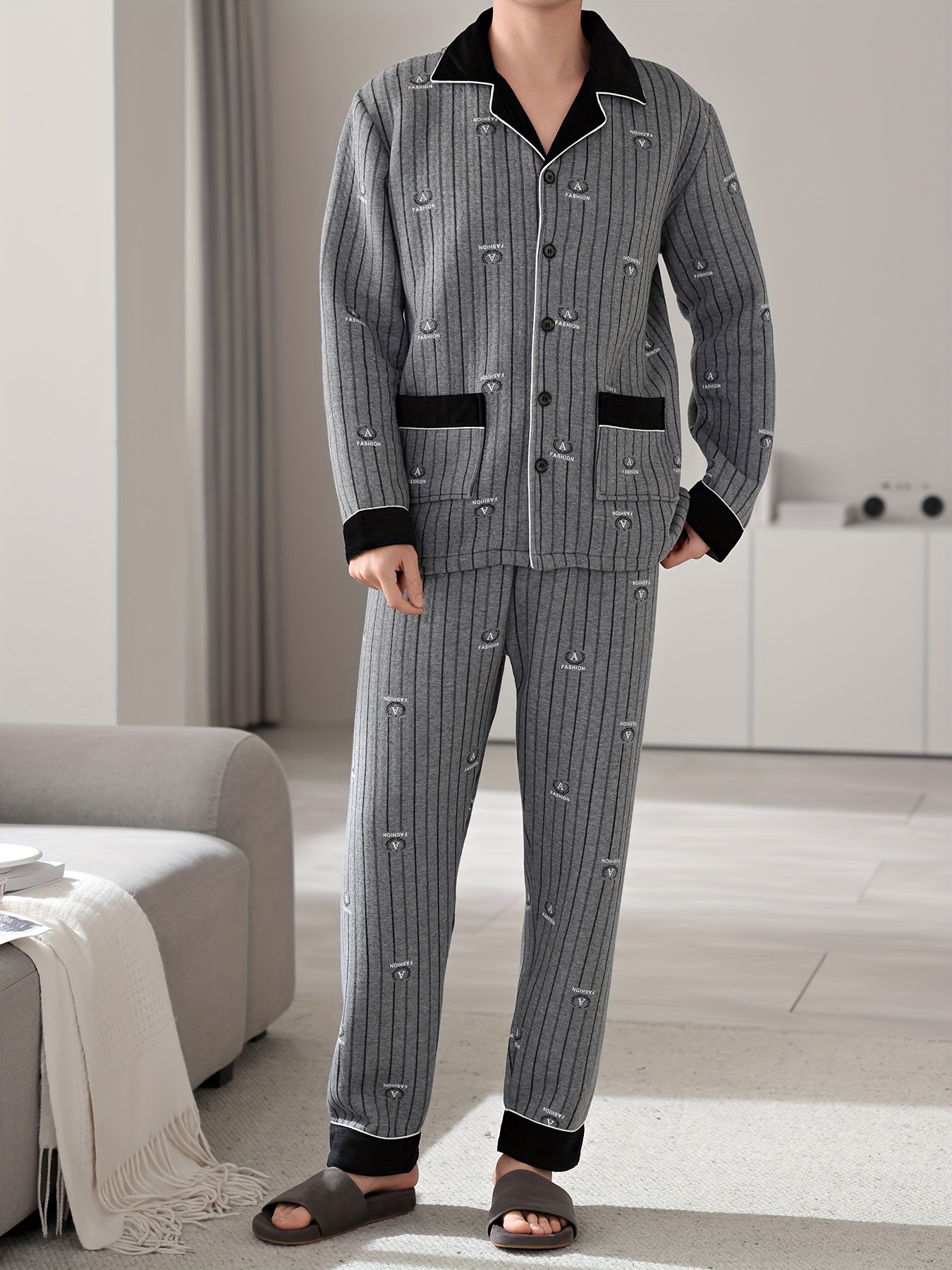 Men'S Casual Cotton Pajama Set with Lapel Collar, Geometric-Pattern, Long Sleeve, Loose Fit, Slight Stretch, Knit Fabric, Winter Warm Thickened, Triple-Layer Cotton Lined Sleepwear with Pockets