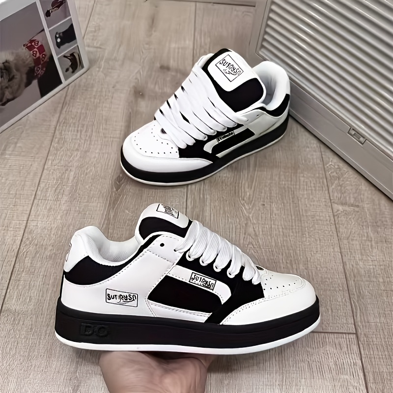 TEMU Sneakers, Damesskeateschoenen, Zwart-wit kleurenschema, Letterprint, Modieuze klassieke skateboardschoenen
