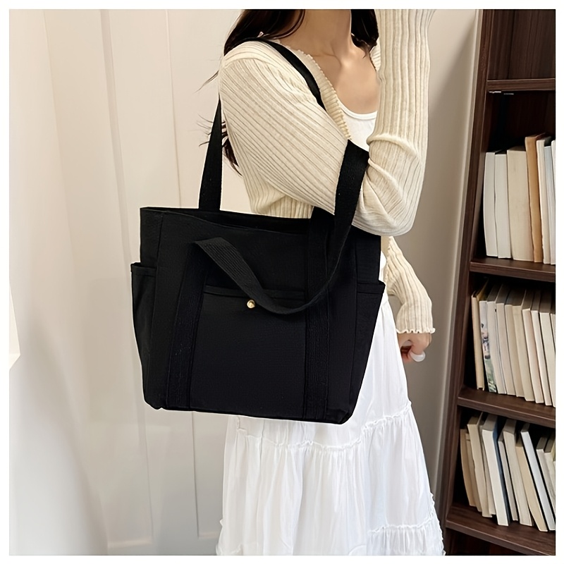 TEMU Japanese Minimalist Style Large Capacity Tote Canvas Bag For Work And , Commuter All-match Literary Student Book Shoulder Bag With Zipper, Solid