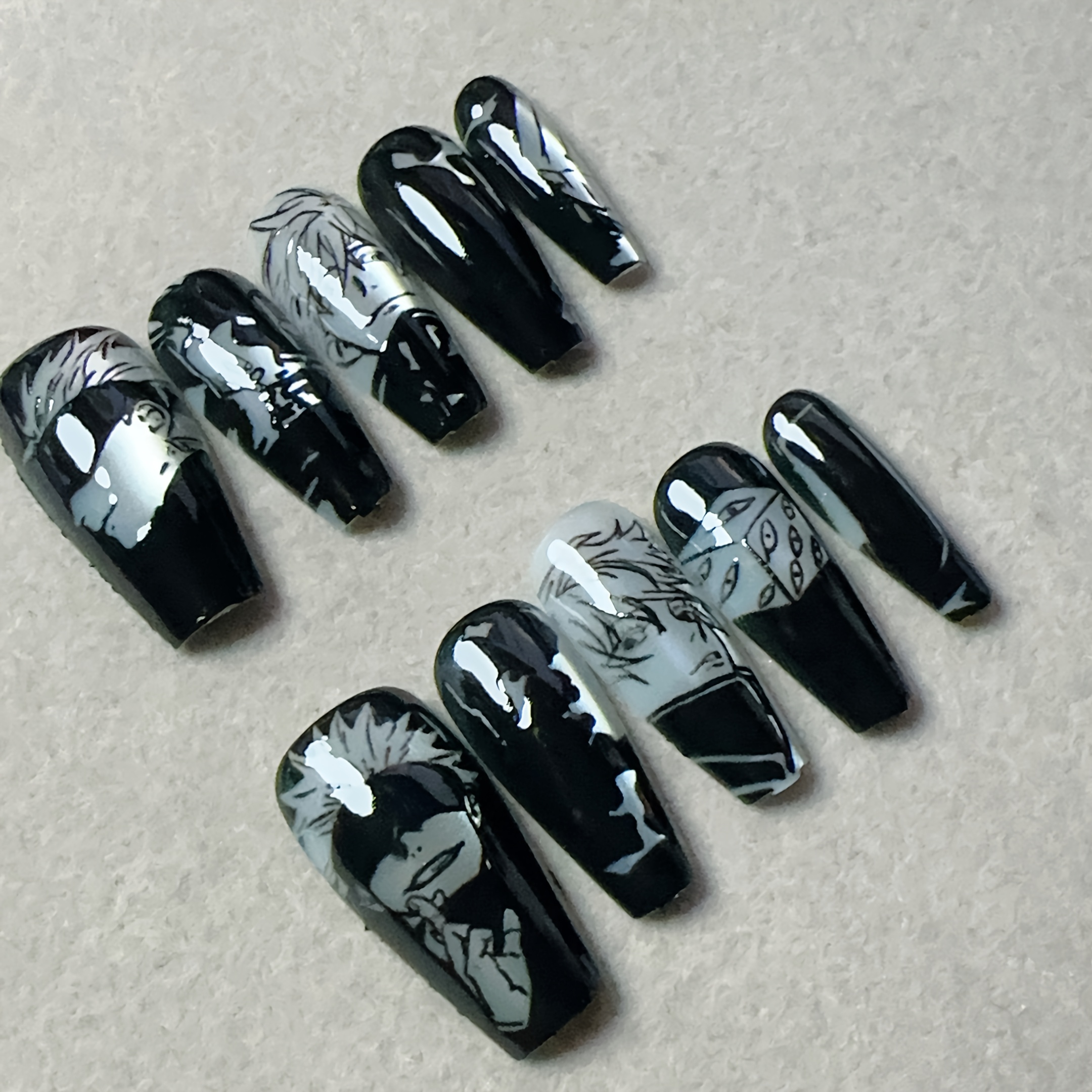 

Ten-pack Of Handmade Nail Stickers For Women, Full Coverage, Reusable, Square Coffin-shaped Black And White Nail Art, Shiny Nail Art, Cartoon Nail Art