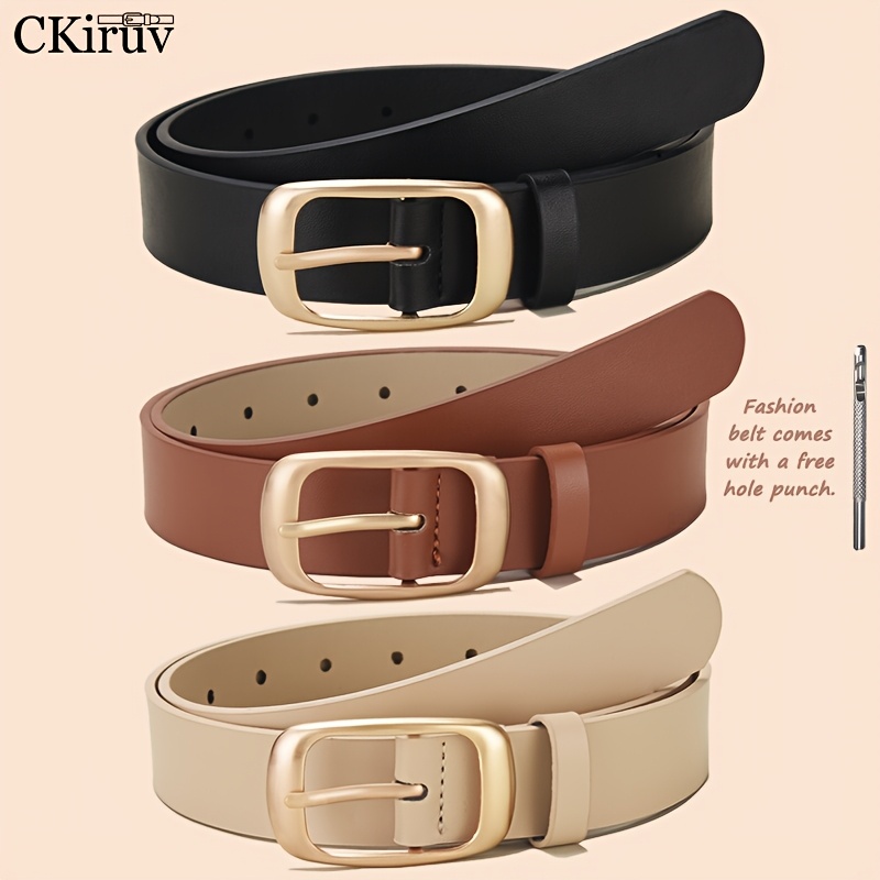TEMU 3pcs Women' Belt Set, Featuring Exquisite Alloy Buckles, Wear-resistant And Durable. Includes A Puncher. Simple And Elegant Style, Easily With