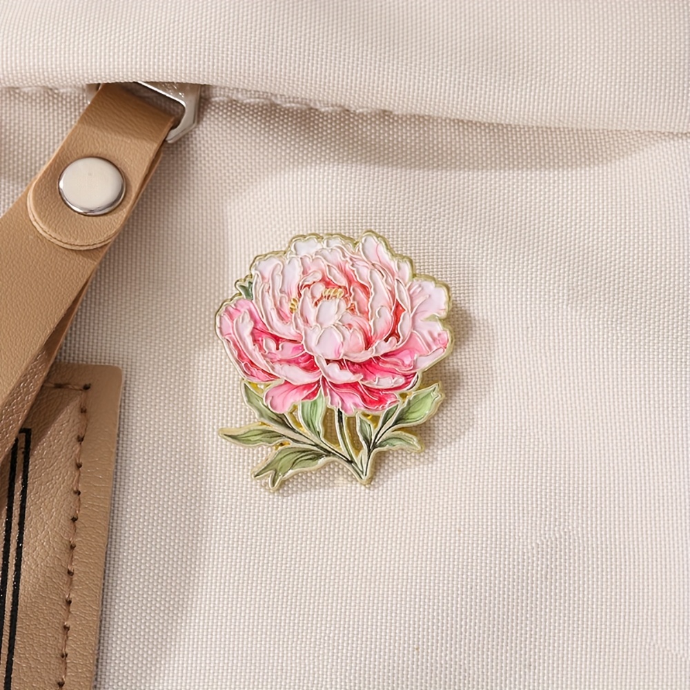 Image of Art Peony Enamel Brooch Pin - Vibrant Pink With Golden Accents, Elegant Lapel Pin For Bags, Jackets & Accessories, Durable Enamel Jewelry Gift Intricate Detailing Suitable For Men And Women.