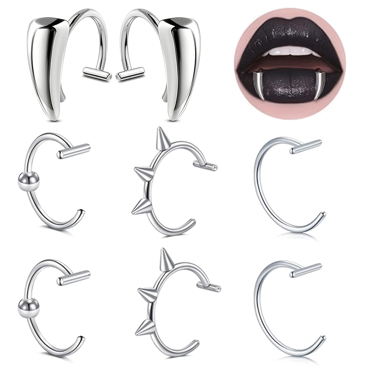 TEMU 8pcs Fake Lip Piercing Vampire Teeth Fake Lip Piercing Jewelry Fake Lip Rings Bite Jewelry Non-piercing Lip Cuff Fake Nose Ring