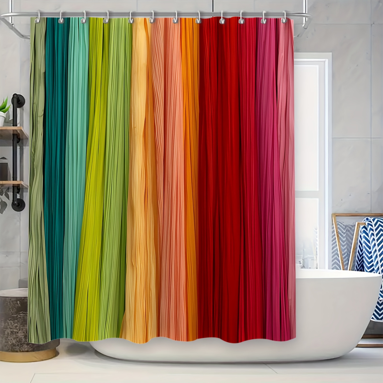 

1pc Colorful Vertical Striped Shower Curtain Set With 12 Hooks, Waterproof Bathroom Partition Curtain, Anti-mildew Decorative Bathtub Curtain For Home