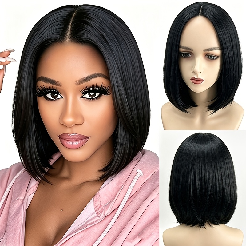TEMU Elegant 12-inch Black Short Bob Wig, Women's Short Hair, Center Part With No Bangs, Look, Glue-free Wig, High-density Synthetic Fiber Wig, Easy