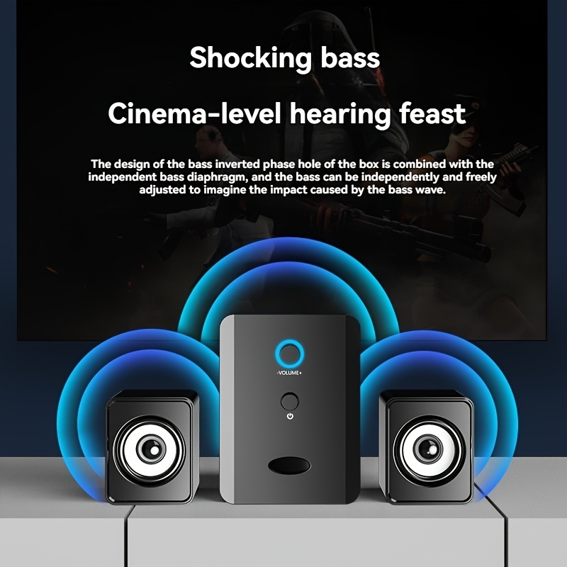 SADA S-201 2.1 Channel USB-Powered Desktop Speakers with Bass Boost, 3.5mm Audio Connection, Volume Control & Blue Accent Light - Compact 2.1 Channel Computer Speakers for Laptop, PC, Gaming, Home Office, Small Speakers for Desk, Gaming Audio, Modern Audio Gear, Durable Audio Gear