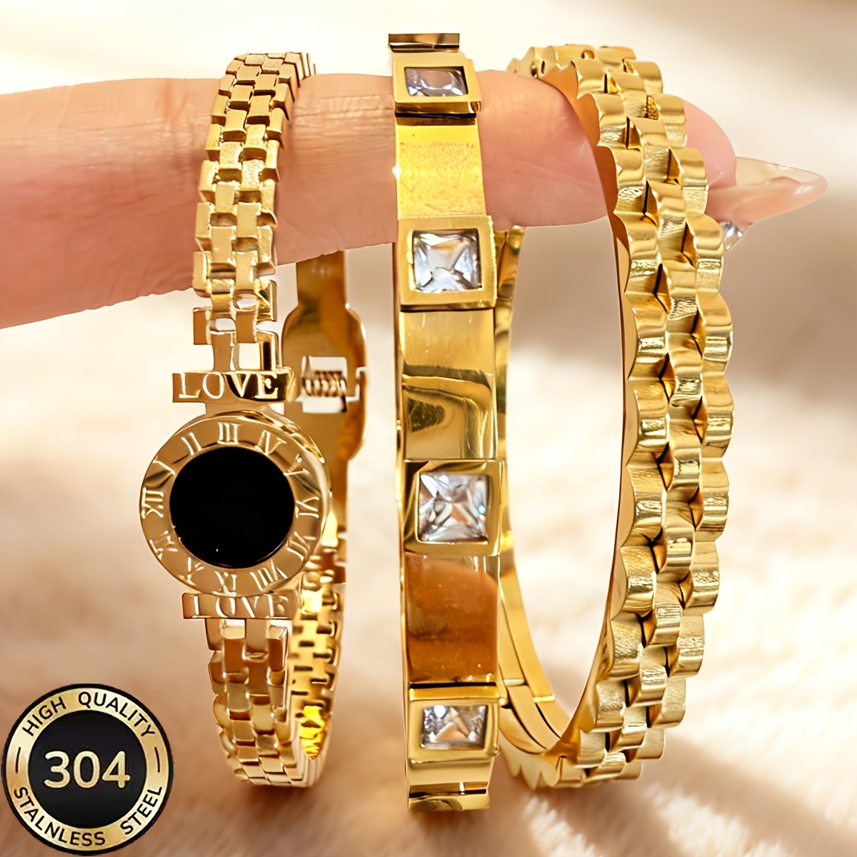 TEMU 3pcs 304 Stainless Steel Gold-plated Women's Bracelet Set, Hypoallergenic Non-tarnishing Roman Bracelet With Cubic Synthetic Zirconia, Stackable