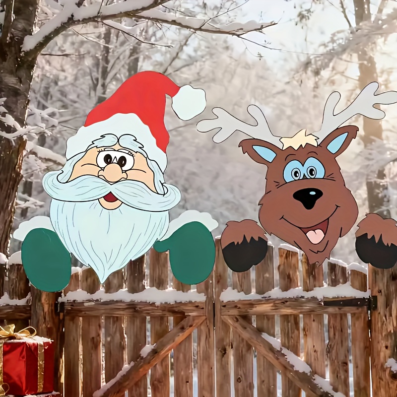TEMU 2d Flat, Christmas Fence Decorations - Santa And Reindeer Design, Durable Plastic Holiday Ornaments For Outdoor Garden, Home, And Party Signs,
