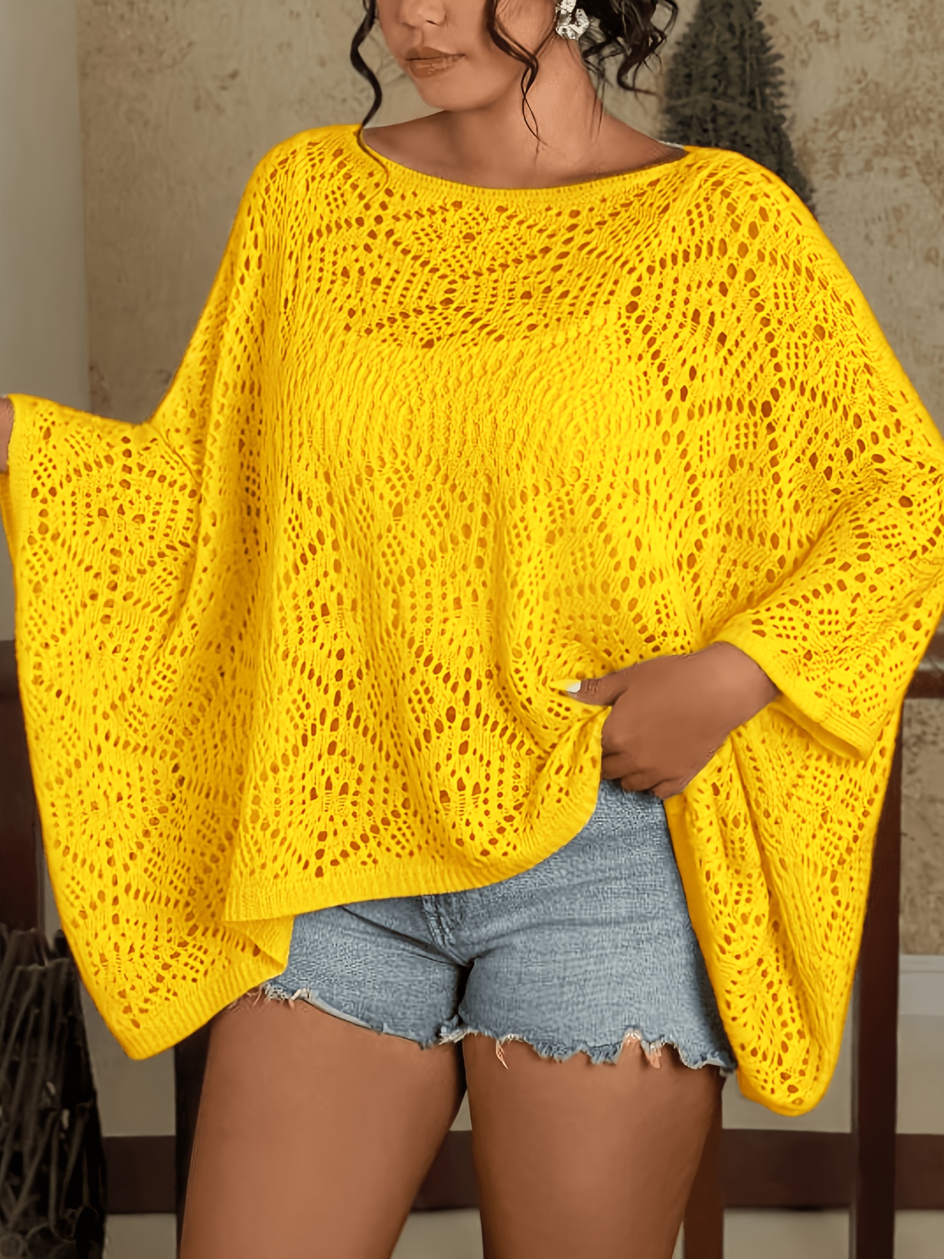 artikel foto plus size - plus size - plus size dames     uitgesneden vleermuismouw trui, casual elegante strandkleding, lente herfst dameskleding