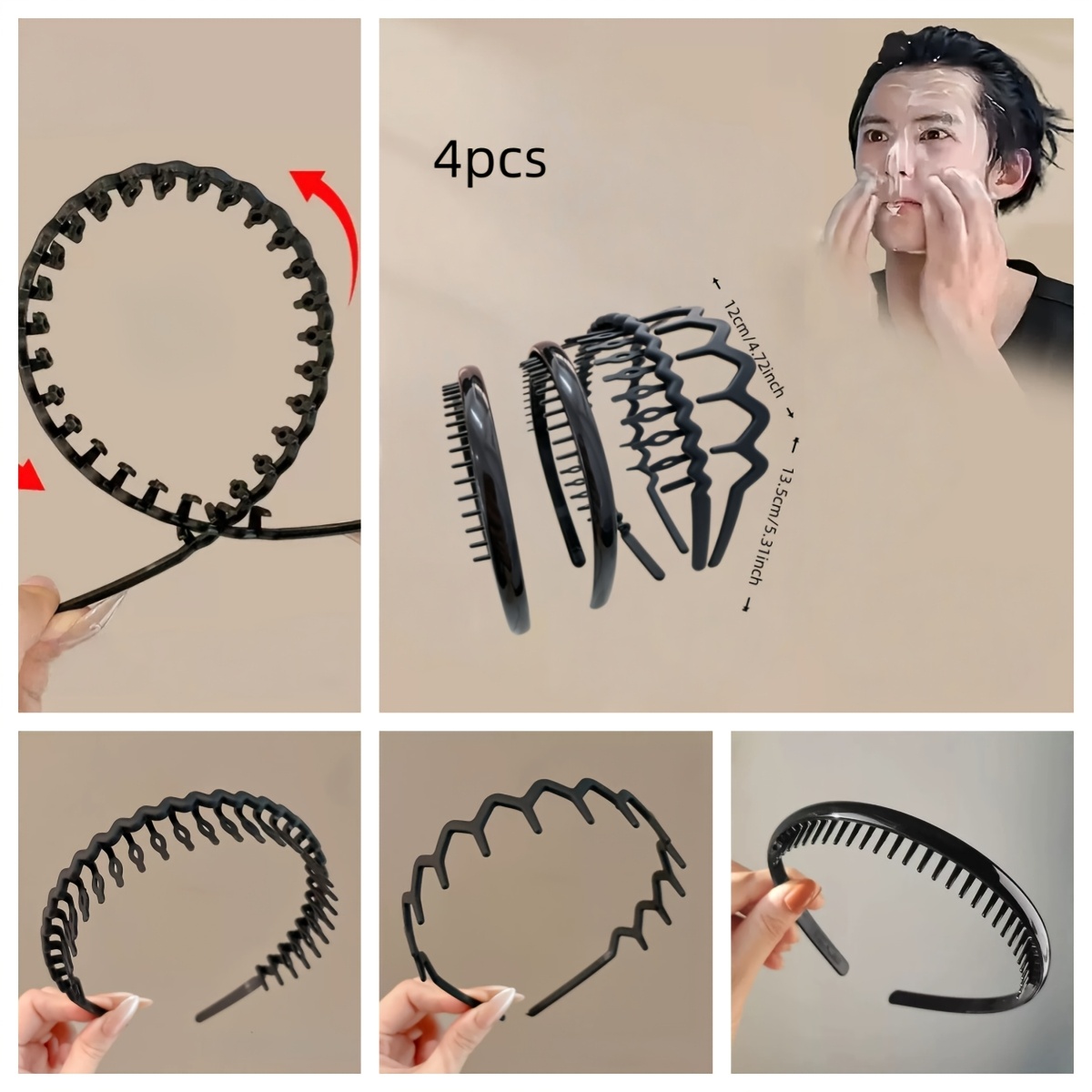 TEMU 4pcs Men's And Women's Universal Black Non-slip Toothed Hair Hoop Hair Band For Daily Face Washing Women's Makeup Outing Versatile Hair Hoop Can