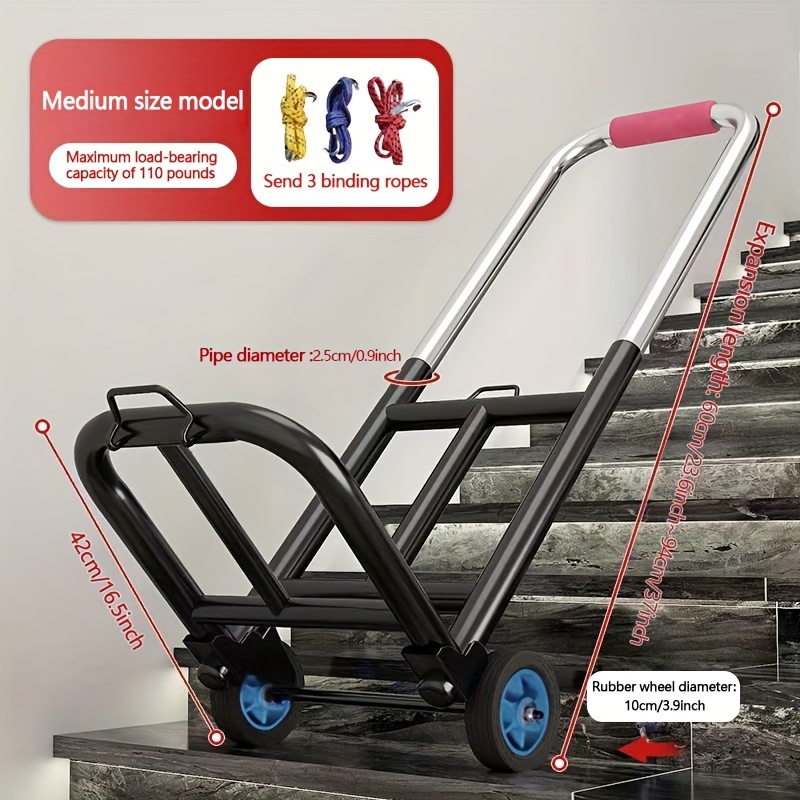 

Heavy-duty Stainless Steel Folding Hand Cart With Telescopic Handle, Dual Rubber Wheels, Multifunctional Utility Wagon, Includes 3 Tie Ropes, 209.44 Lbs Capacity, Cart, Iron, Portable