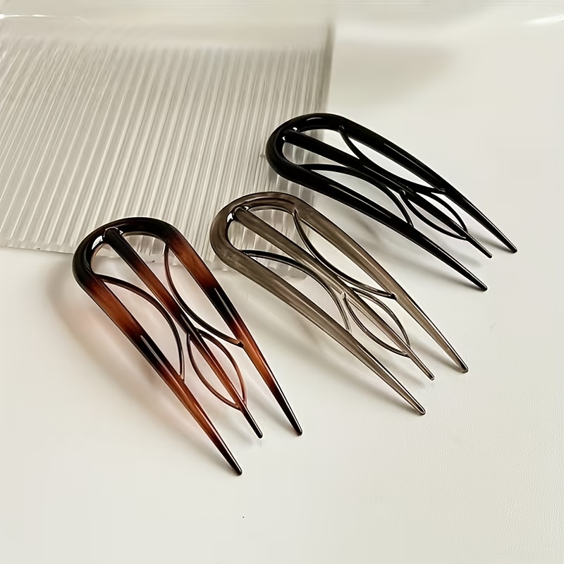TEMU 3pcs French Hair Pin Set - U-shaped Vintage Acetate Hair Forks For Thin And Thick Hair, Gentle Grip Design, Easy To Create Updos, Buns, And