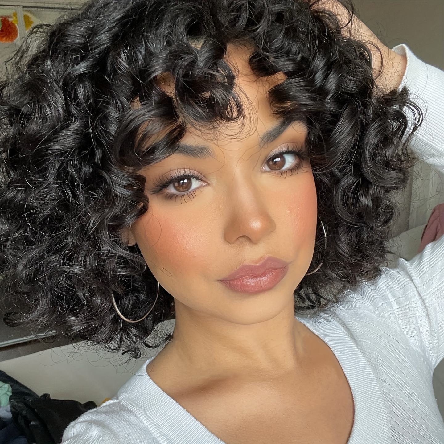 Short Afro Wig With Bangs For 14'' - Synthetic Hair Wig Suitable For African, Ombre Black/brown Highlights, & Daily Wear Wigs