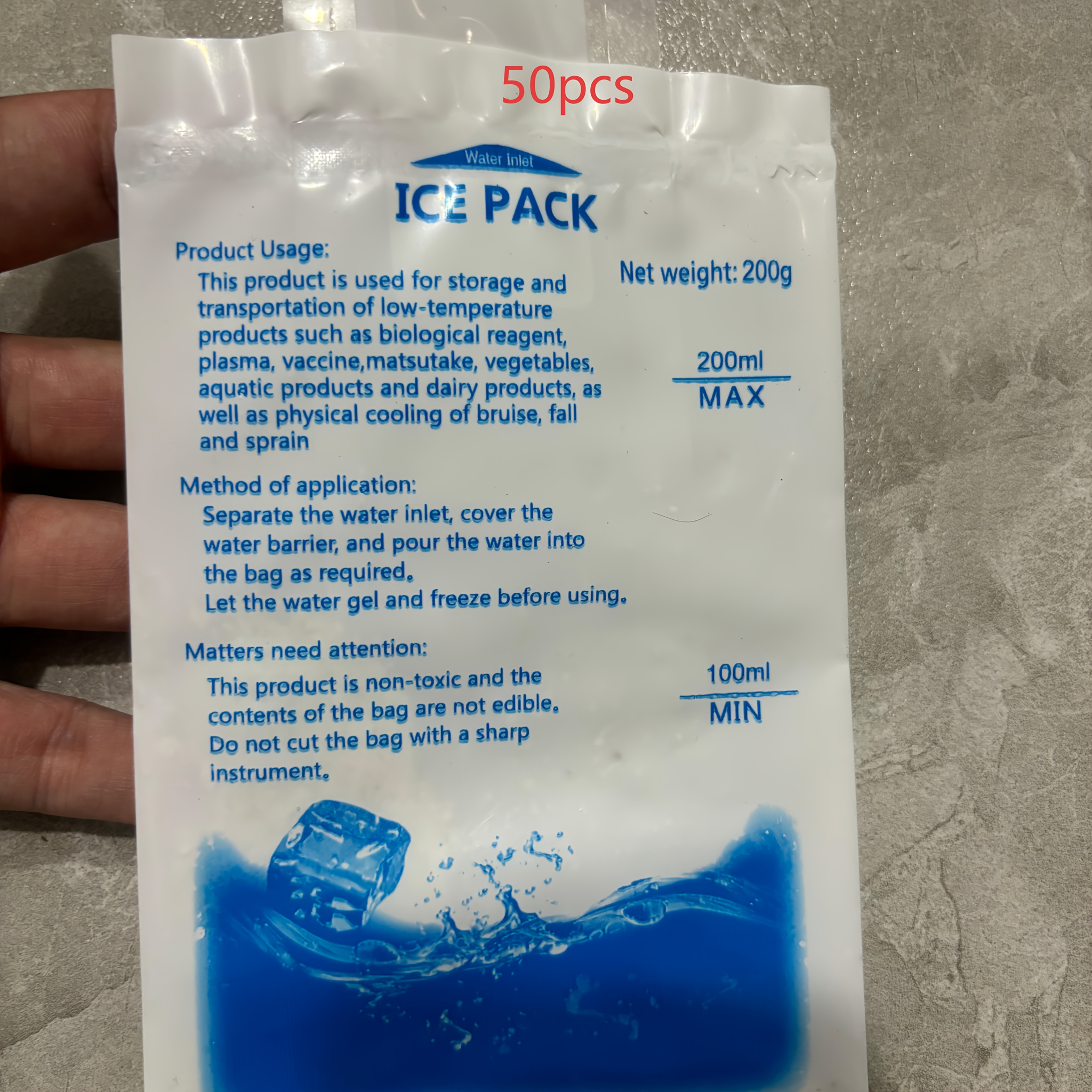 TEMU 50 unidades de bolsas de hielo de 100 ml/200 ml/400 ml de capacidad para catering, revestimiento de película de cara requiere agua, bolsa