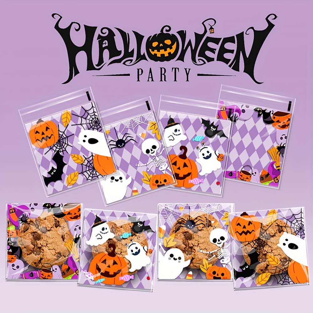 

100 Pack Cartoon Pumpkin Ghost Halloween Cookie Candy Self-seal Gift Bags - Plastic Party Favors Bags With Assorted Patterns For And Snacks