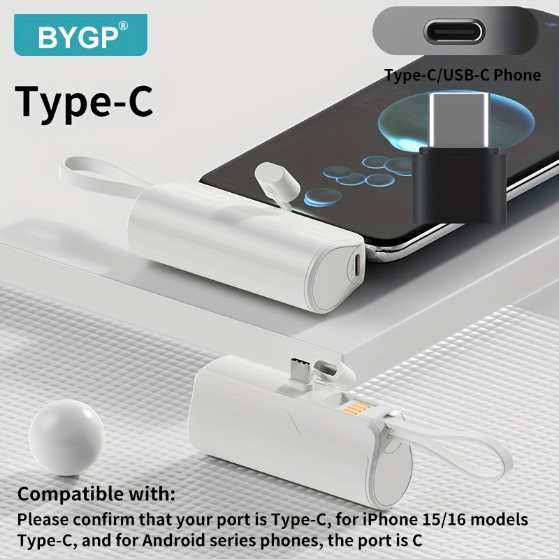 Image of New Bygp 1pc 5000mah Portable Charger - Capsule Design Portable Power Bank, Type-c Interface, Emergency Backup Outdoor Phone Battery Pack For Iphone And , Gift