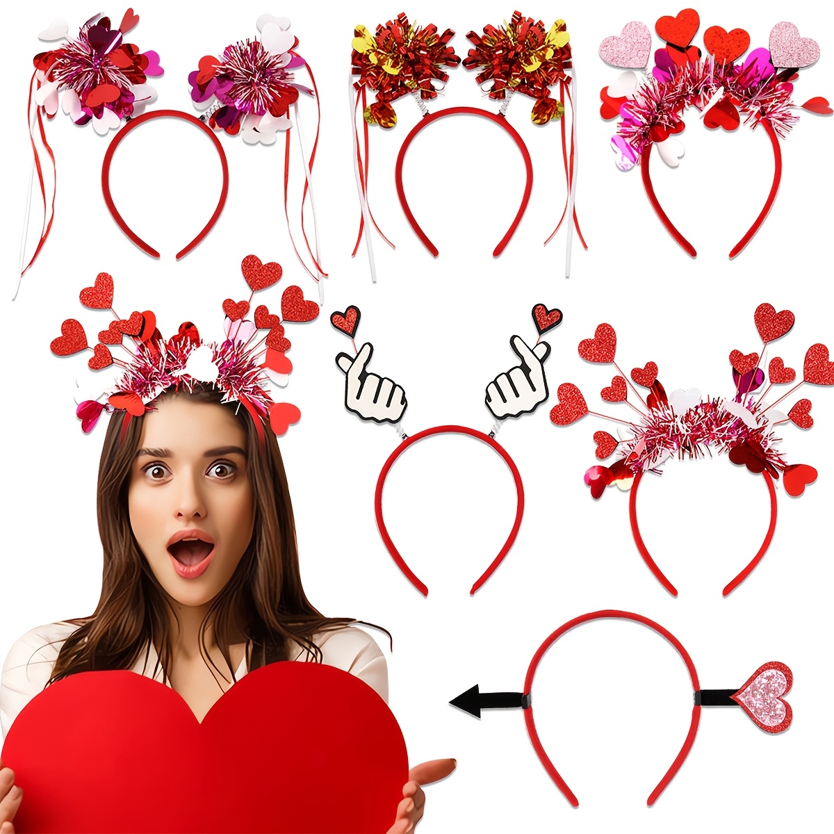 

6pcs Valentine's Day Heart Headbands – Sparkling Hair Accessories With Glitter, Ribbons & Floral Designs For Parties, Galentine's Day Gifts & Celebrations