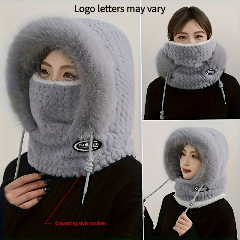TEMU Women's 3-in-1 Scarf Mask Riding Hat, Thick Plush Fabric, Neck , Outdoor Travel, Windproof Ear Protection, Random Logo Letters, Winter Women's