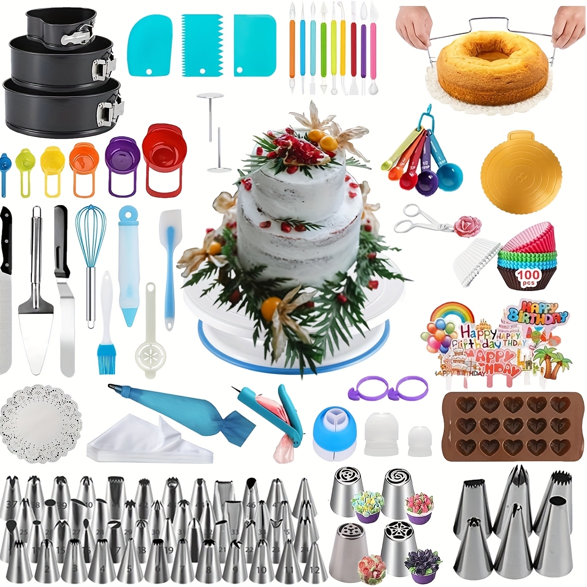 

390pcs Cake Decorating Supplies Set, Cake Baking Tool Set - 3pcs Of Round Cake Molds, Cake Turntable, 48 Piping Tips, 4 Nozzles, 9 Gummy Tools For Beginners