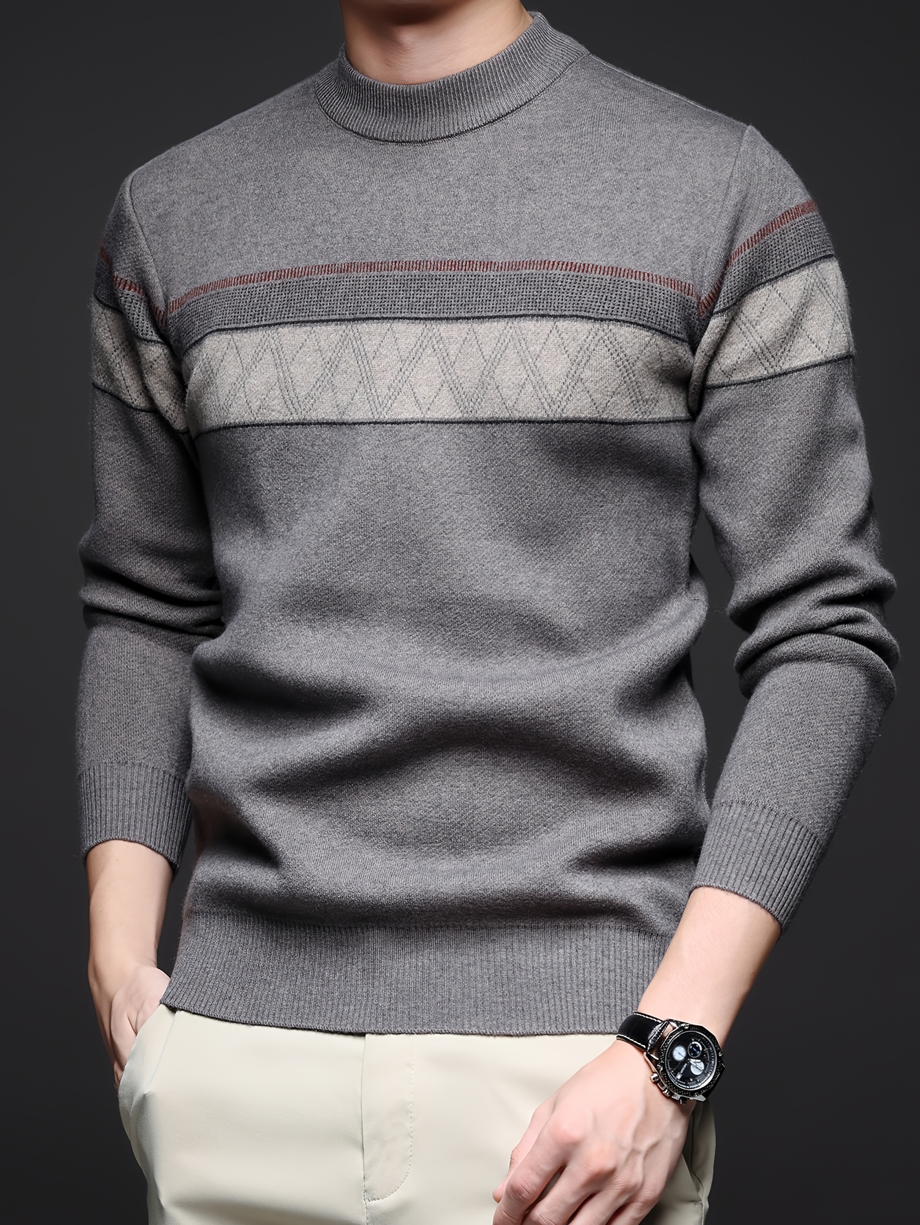 mens sweater soft knit pullover sweater with brown gray   long sleeve round neck sweater for fall   office formal casual attire   sweater for everyday special occasions knit sweater seasonal wardrobe   comfortable material versatile top adult clothing fall fashion   breathable material office workers light grey 0