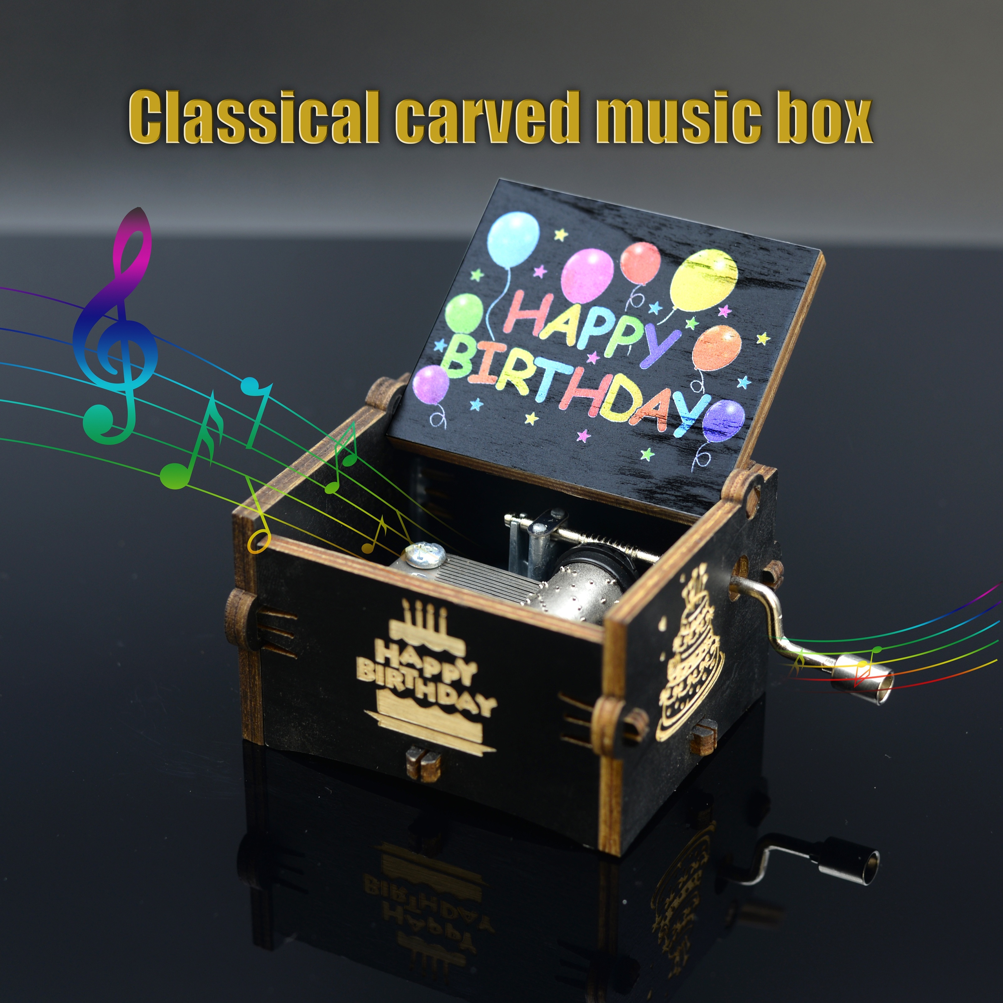 

1pc Wooden Hand Crank Classical Happy Birthday Music Box, Vintage Carved Wood Musical Box For Birthday, Valentine's Day, Christmas