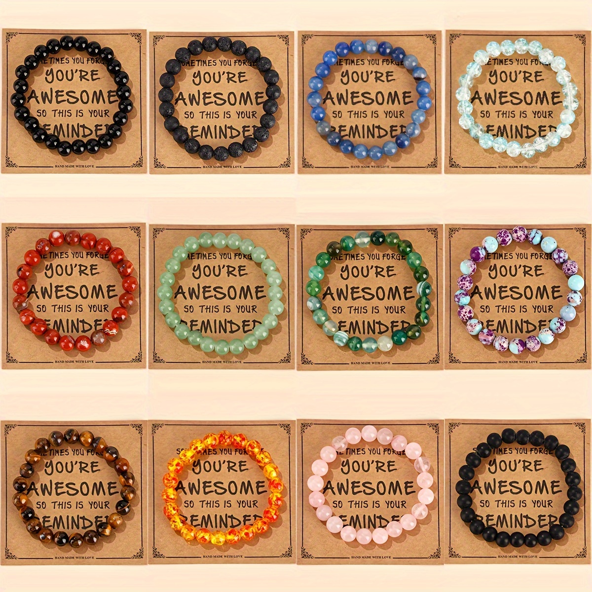 

12pc Colorful Natural Stone Beads Beaded Bracelet With Gift Card Simple Style Hand Jewelry Decoration