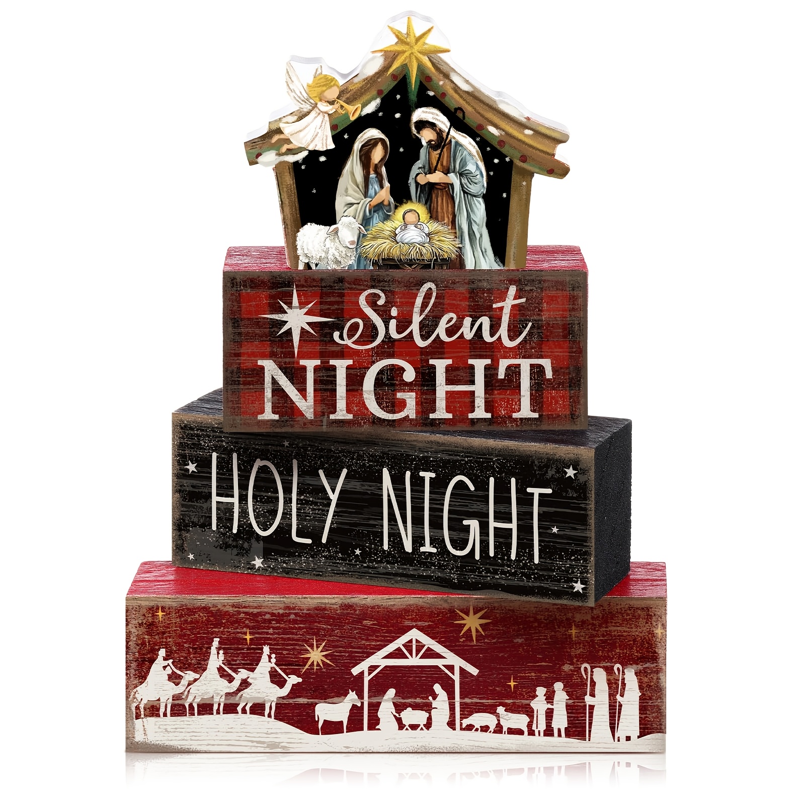 TEMU Christmas Table Decor Wooden Christian Religious Decoration Nativity Scene Centerpiece Holy Night Tiered Tray Decor Red And Block Signs Xmas