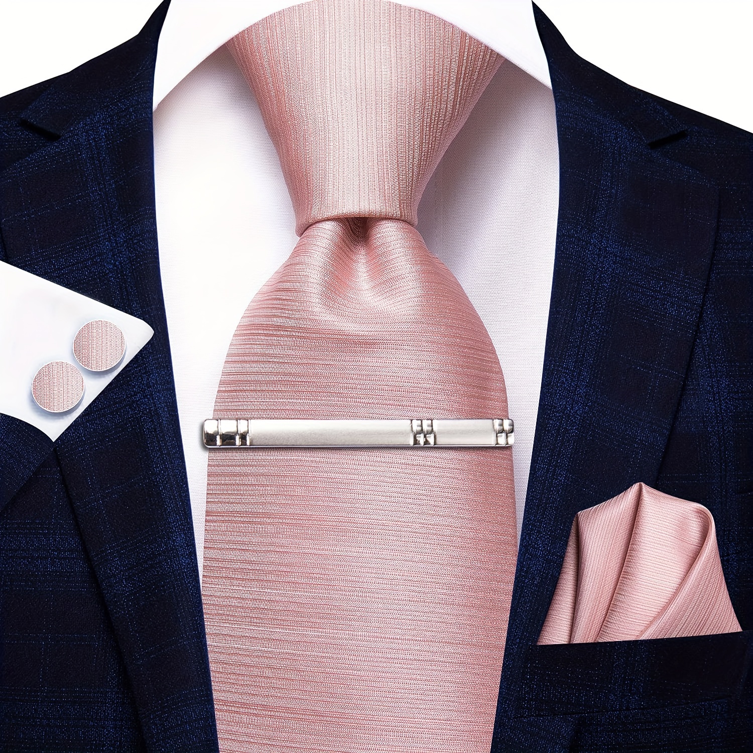 

4pcs Light Pink Wedding Silk Mens Tie Plain Solid Neckie Hankerchief Cufflinks & Clip Wedding Prom Groomsman Event Date